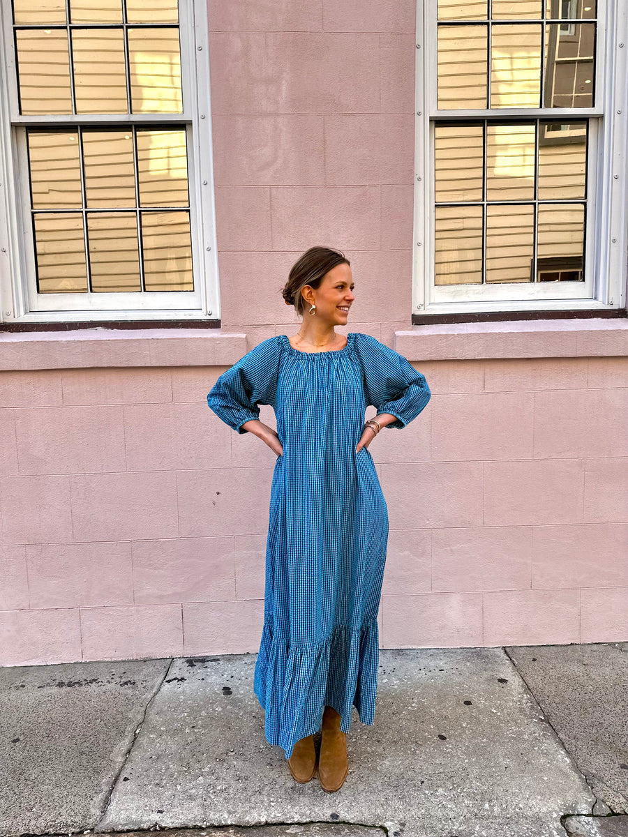Cosette One Size Maxi Dress Sky Blue Gingham Shop Madison Mathews