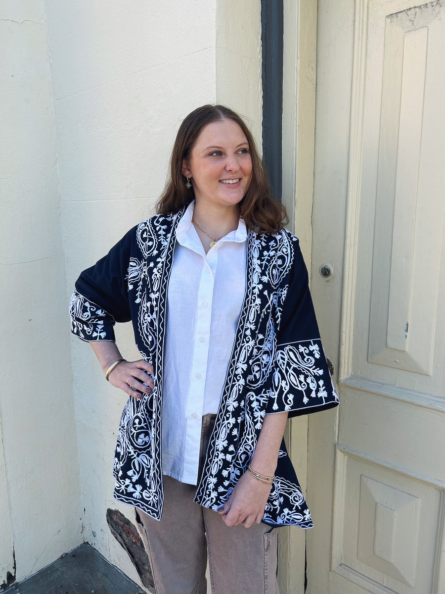 Clarke Jacket Navy With White Embroidery Shop Madison Mathews