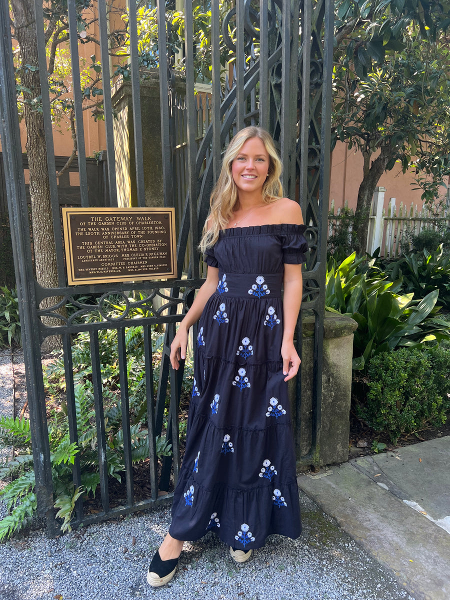 Madison Maxi Dress Navy and White Embroidered Shop Madison Mathews