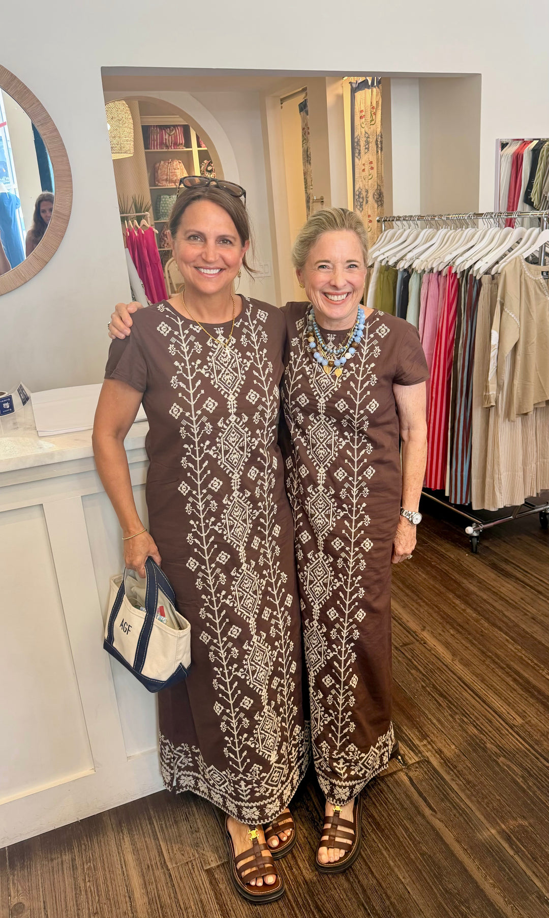 Anne Maxi Dress Brown with White Bohemian Cross-Stich Embroidery