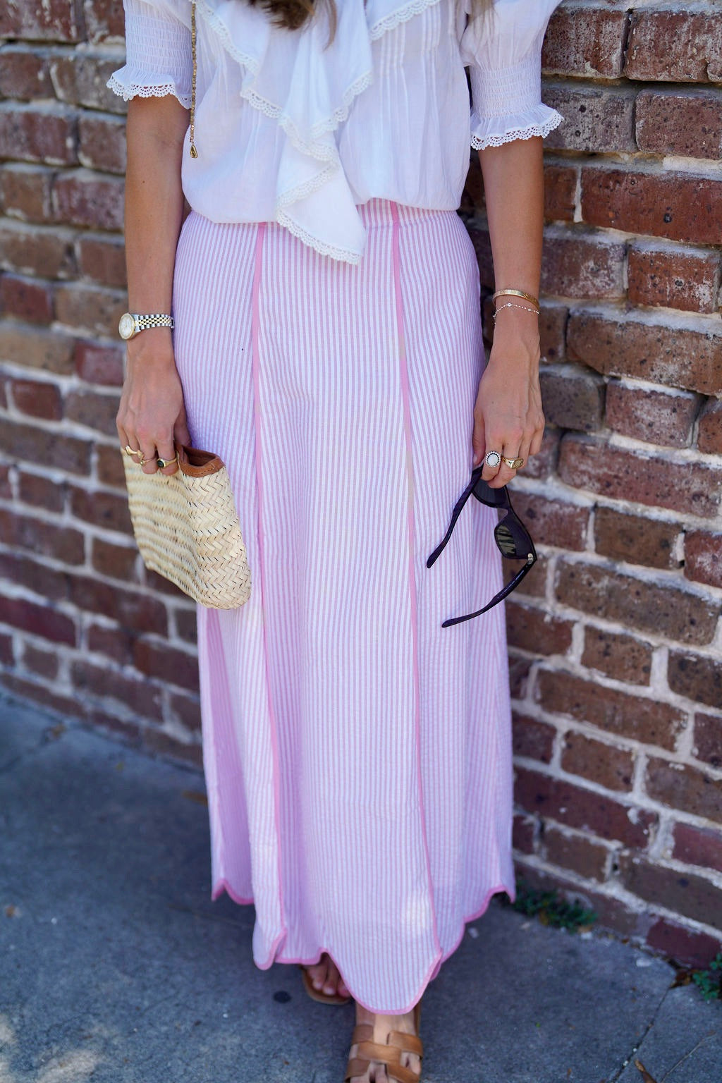 Hanley Super Maxi Skirt Pink Seersucker with Pink Piping