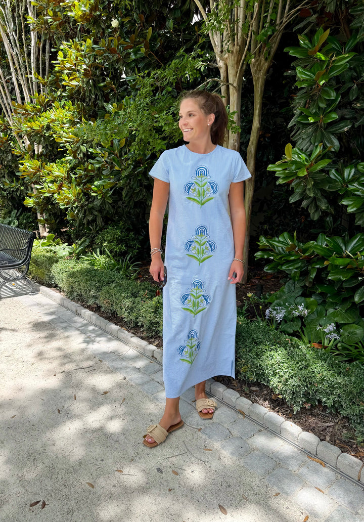 Anne Maxi Dress Blue Seersucker Embroidered Milos