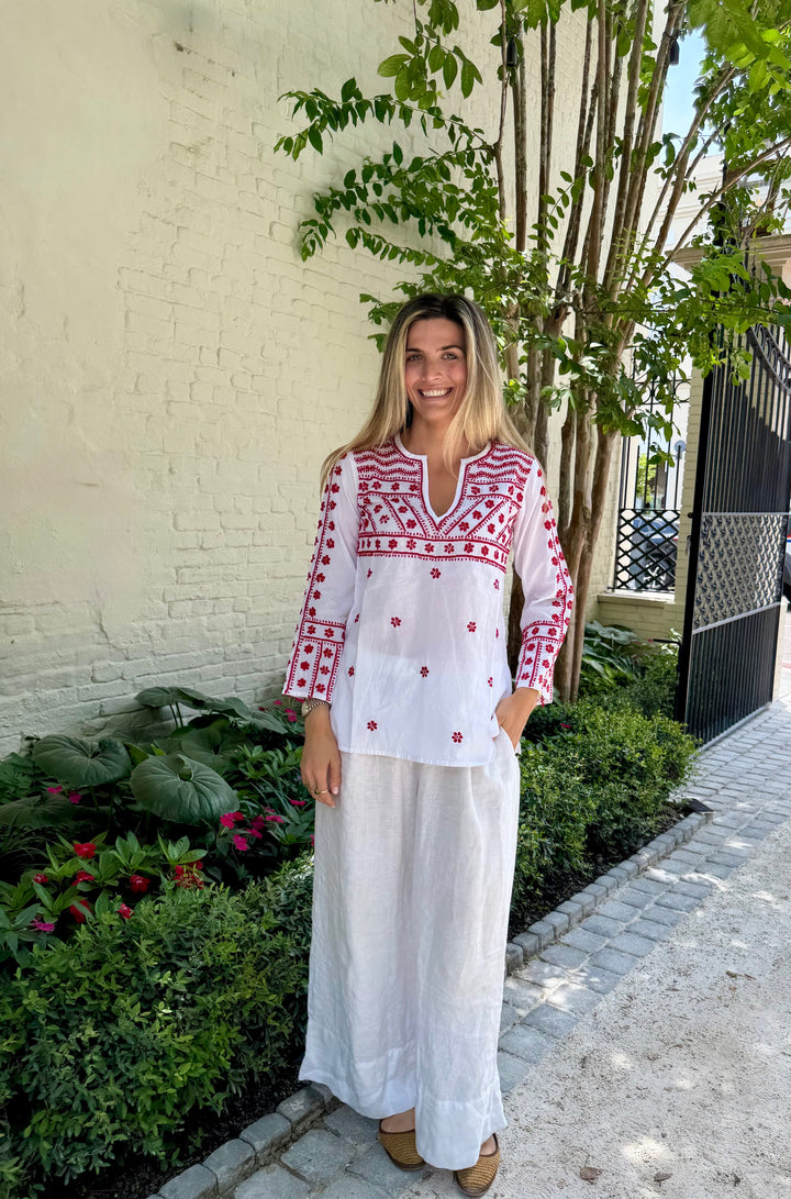 Molly Shirt Hand Embroidered White with Red