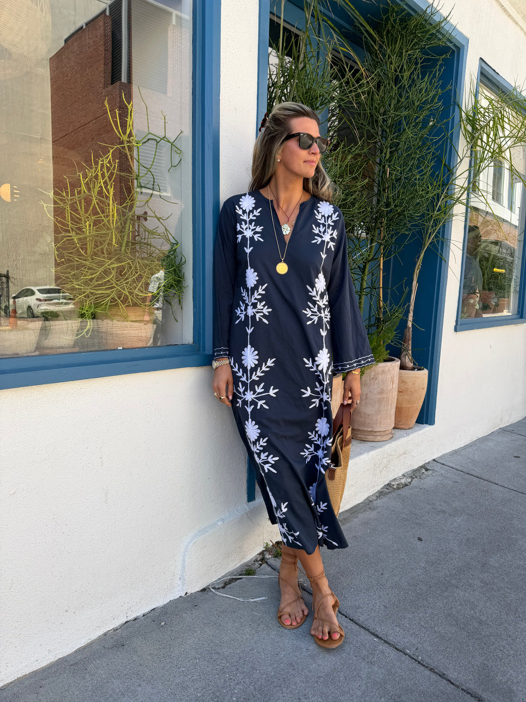 Molly Maxi Dress Embroidered Navy with White