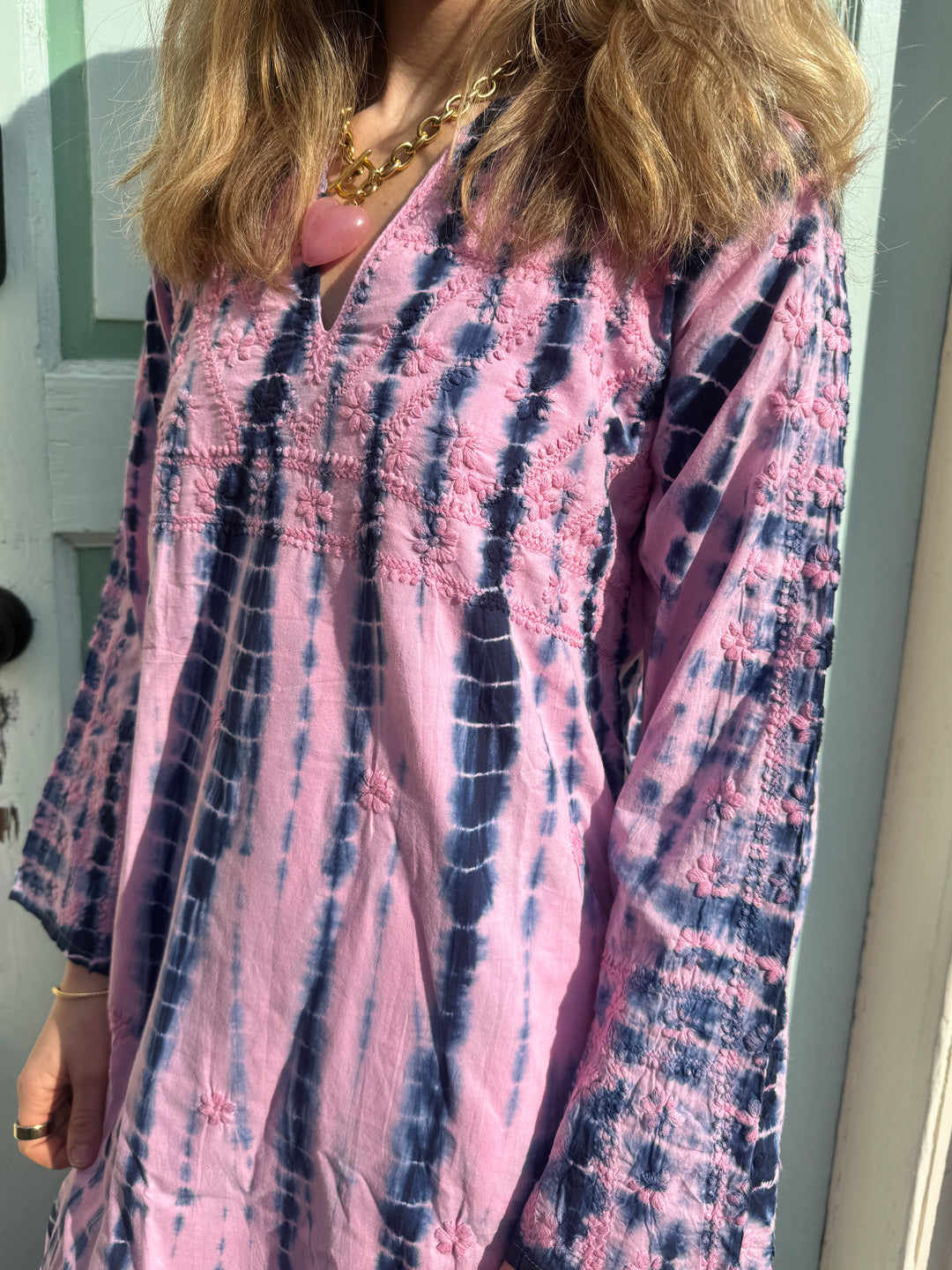 Molly Maxi Dress Hand Embroidered Pink/Navy Tie Dye