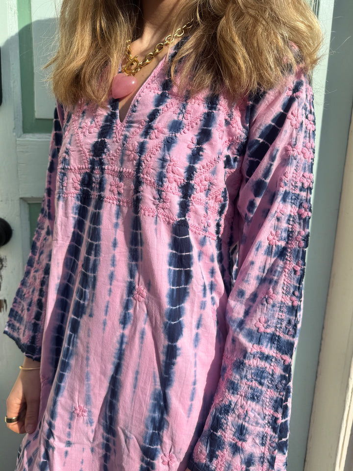 Molly Maxi Dress Hand Embroidered Pink/Navy Tie Dye