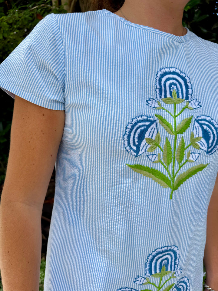 Anne Maxi Dress Blue Seersucker Embroidered Milos