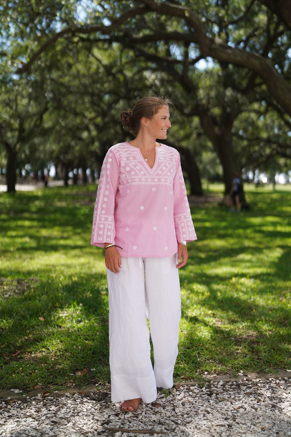 Molly Shirt Hand Embroidered Petal Pink with White