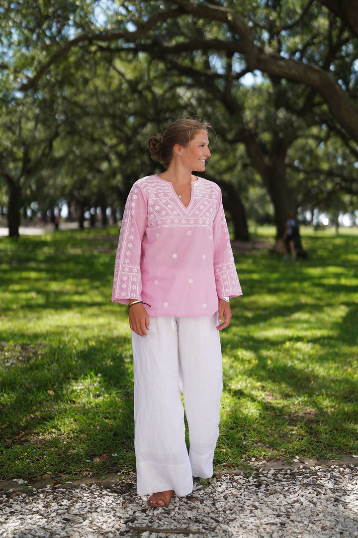 Molly Shirt Hand Embroidered Petal Pink with White