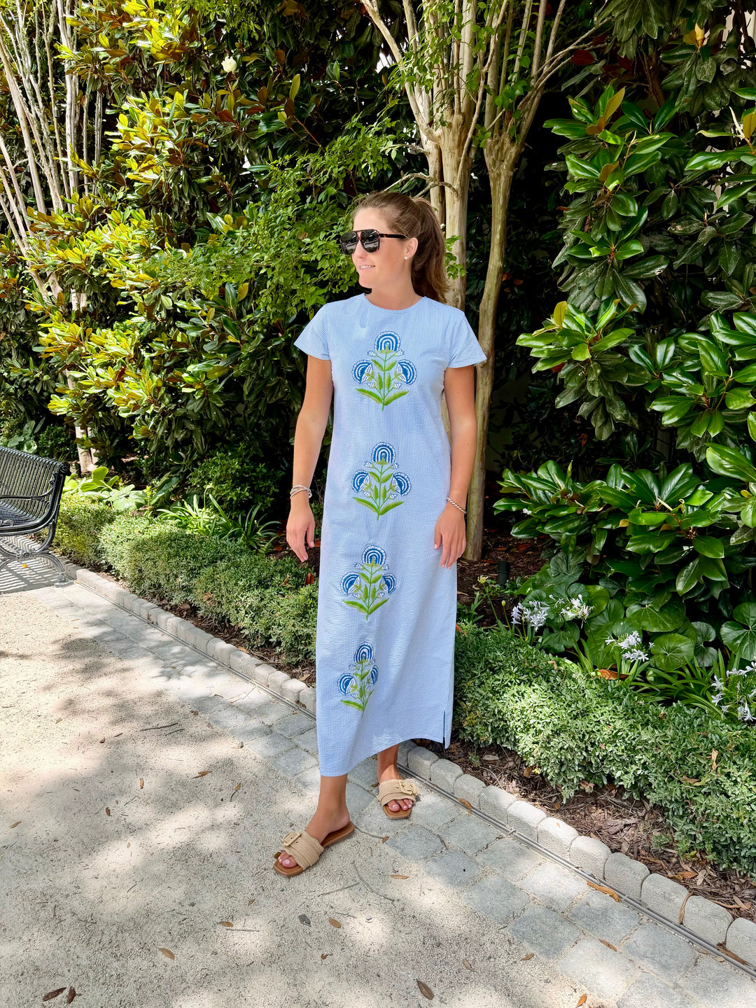 Anne Maxi Dress Blue Seersucker Embroidered Milos