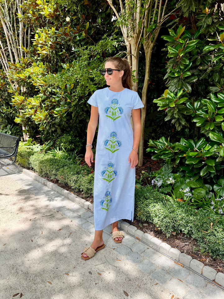 Anne Maxi Dress Blue Seersucker Embroidered Milos