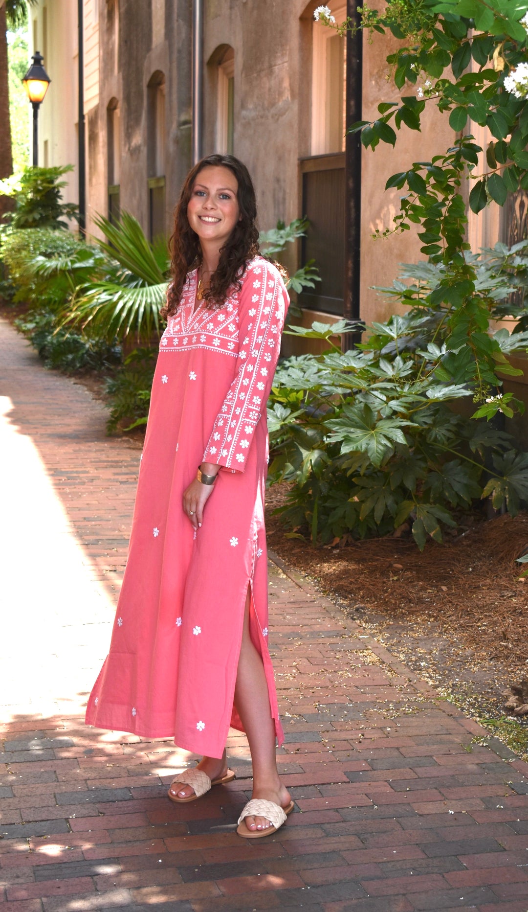 Molly Maxi Dress Hand Embroidered Coral/White