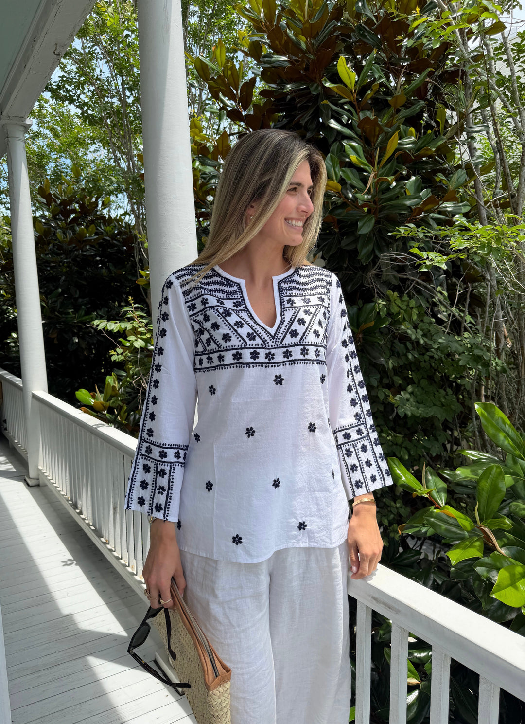 Molly Shirt Hand Embroidered White with Navy