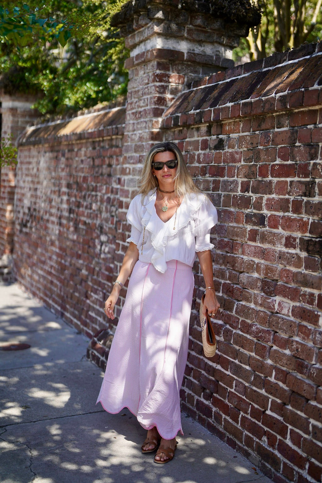 Hanley Super Maxi Skirt Pink Seersucker with Pink Piping