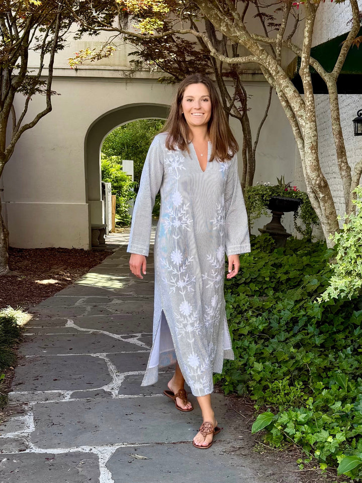 Molly Maxi Dress Embroidered Gray Stripe
