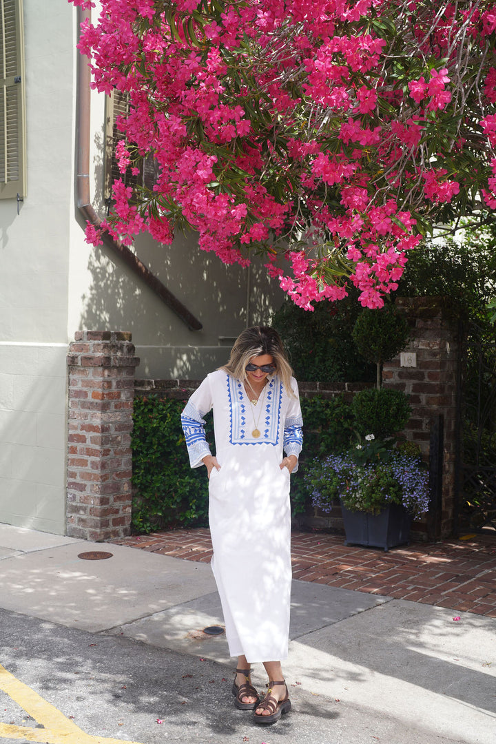 Eva Maxi Dress White with Coastal Blue Embroidery