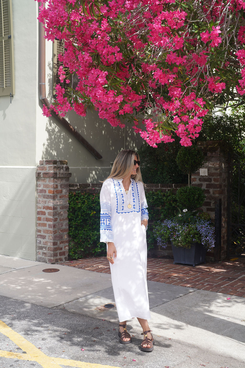 Eva Maxi Dress White with Coastal Blue Embroidery