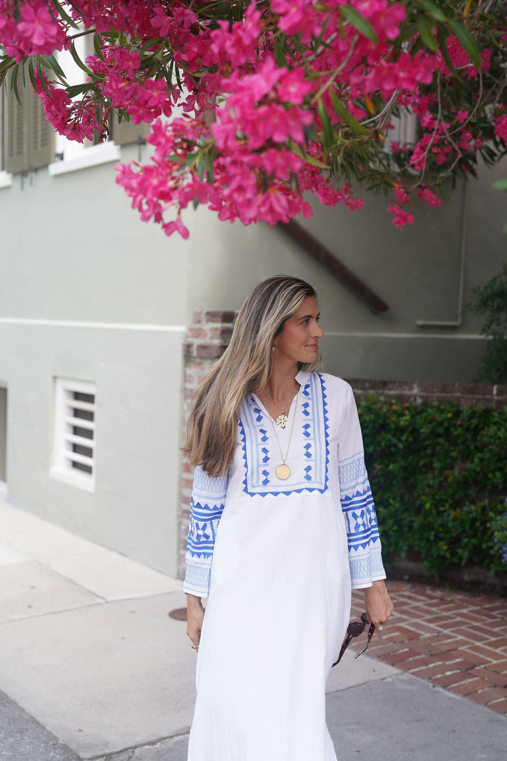 Eva Maxi Dress White with Coastal Blue Embroidery