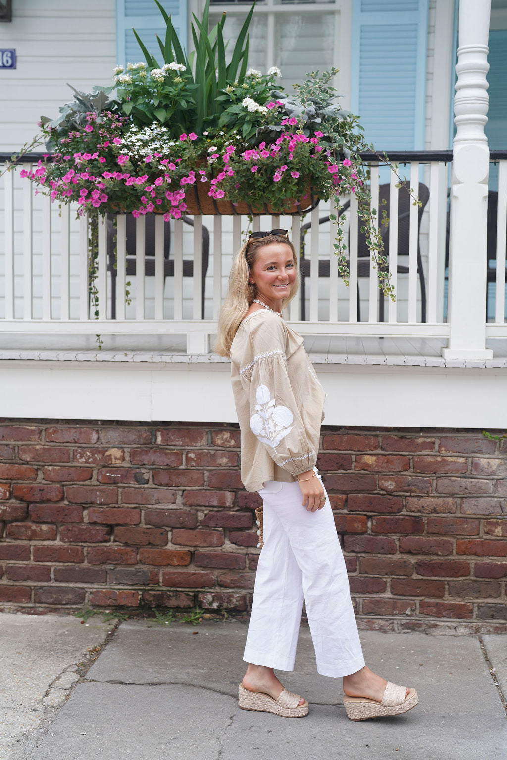 Sullivan Top Sand with White Embroidery