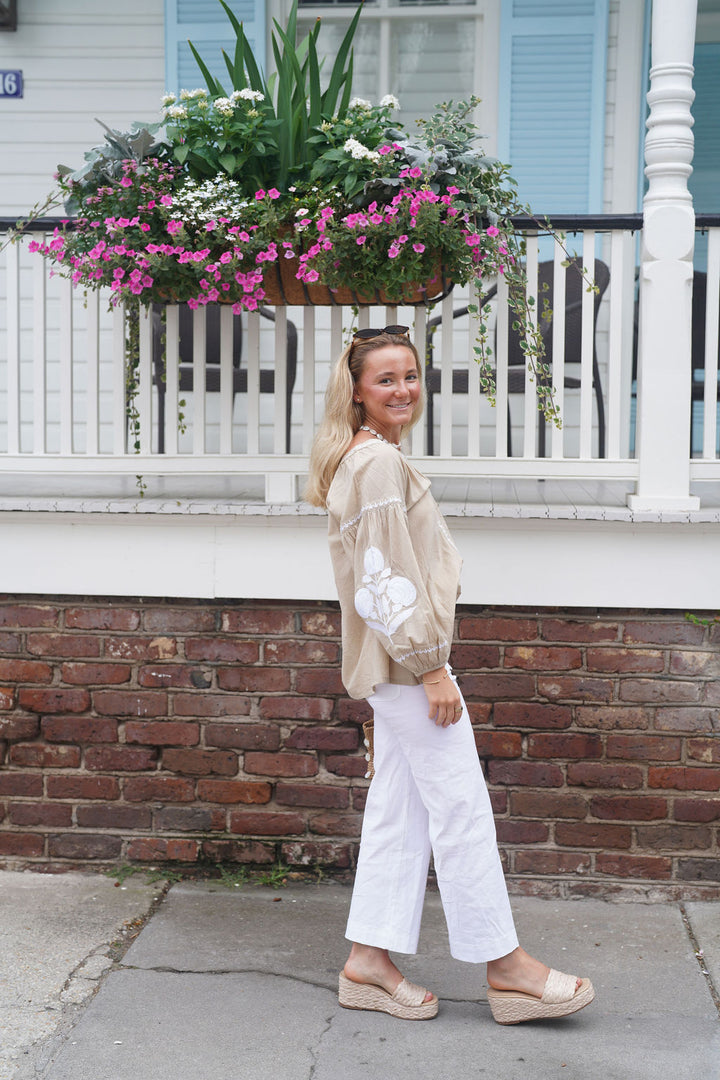 Sullivan Top Sand with White Embroidery