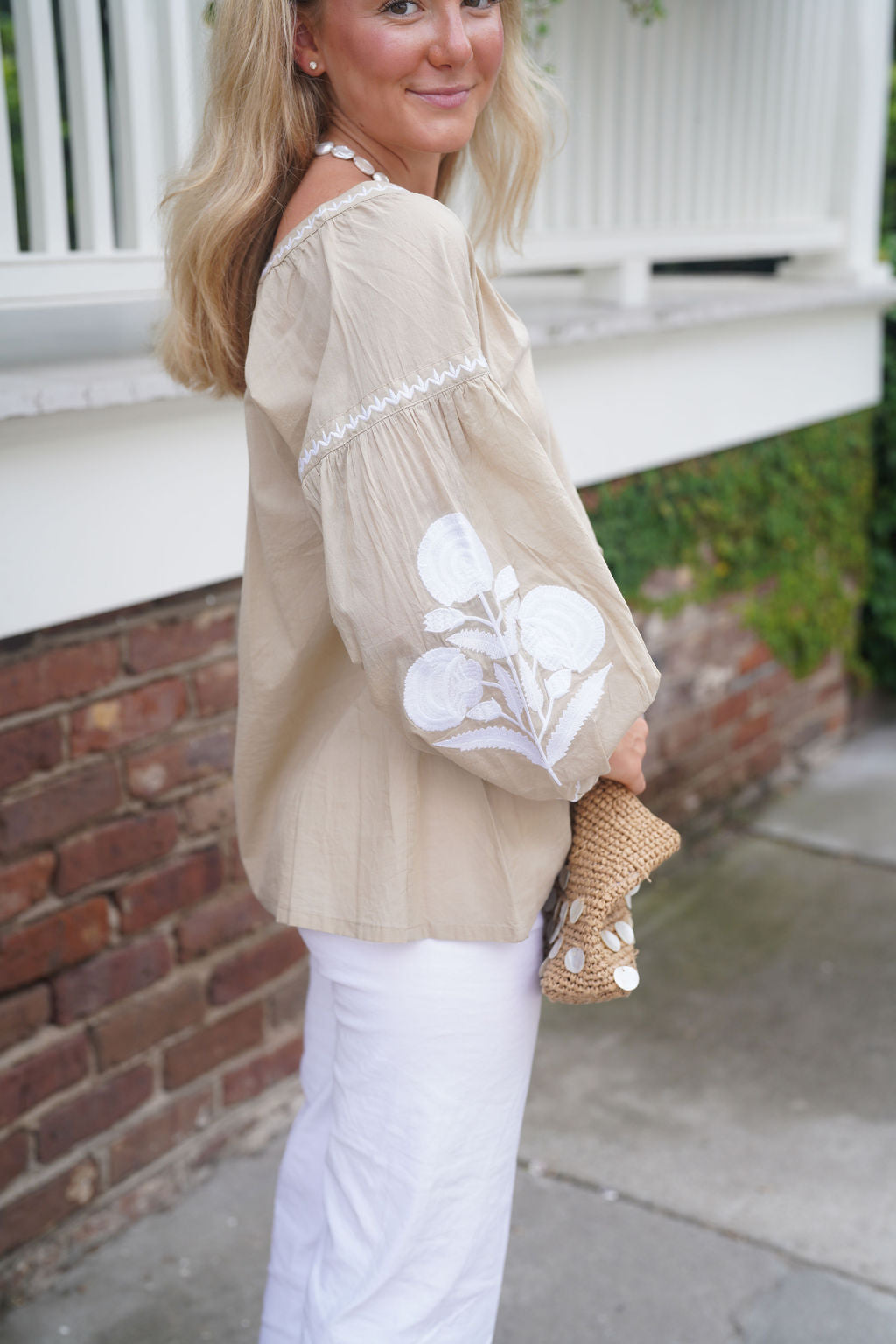 Sullivan Top Sand with White Embroidery