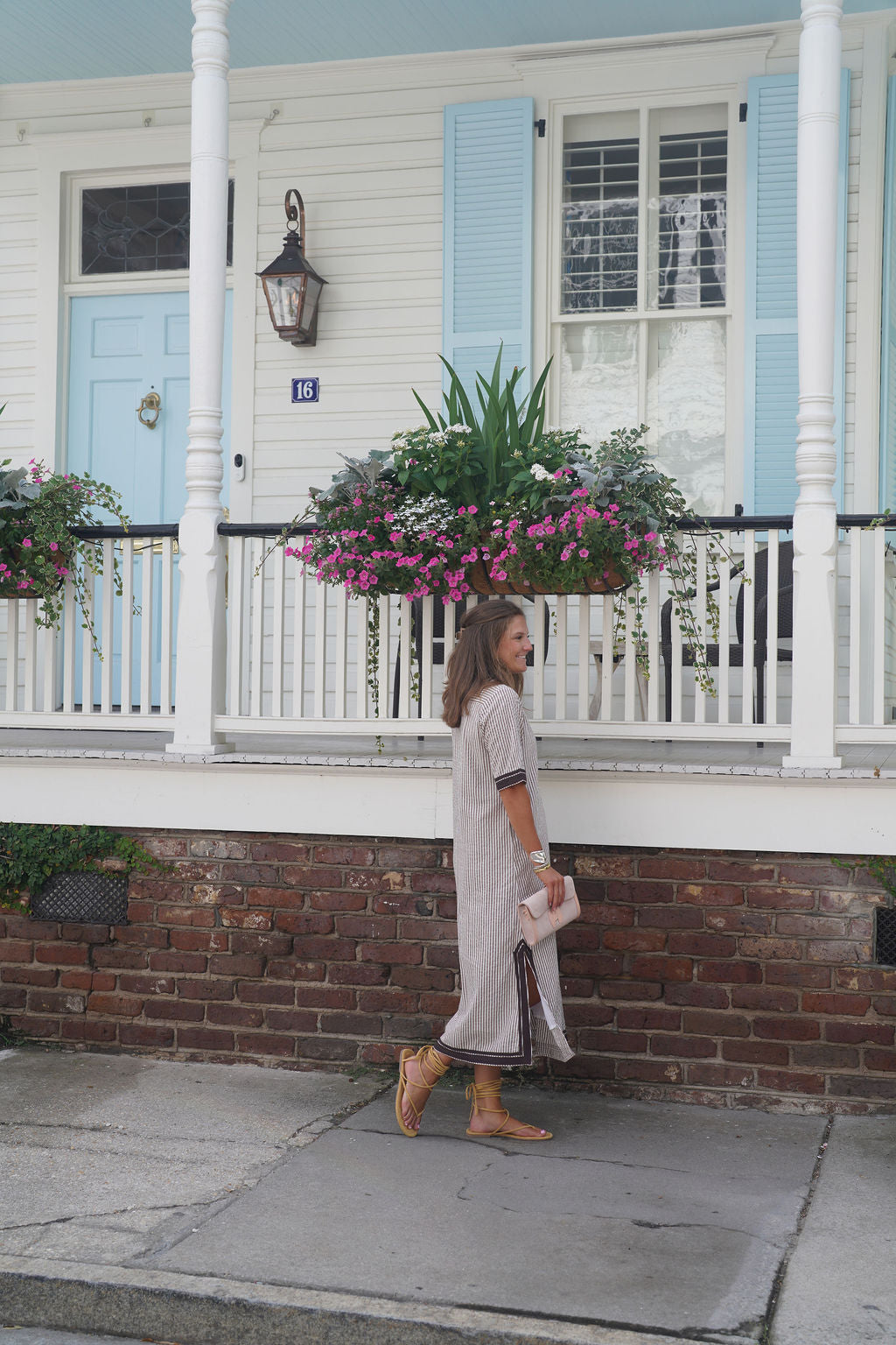 Linann Midi Dress Short Sleeve Brown Seersucker with Brown Trim