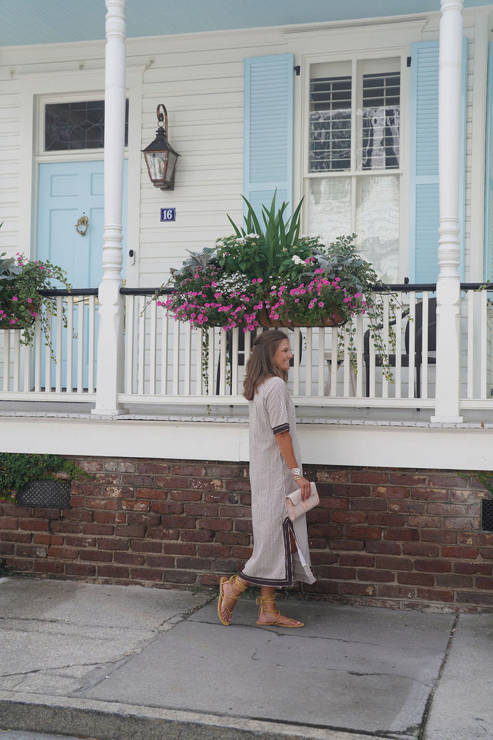 Linann Midi Dress Short Sleeve Brown Seersucker with Brown Trim