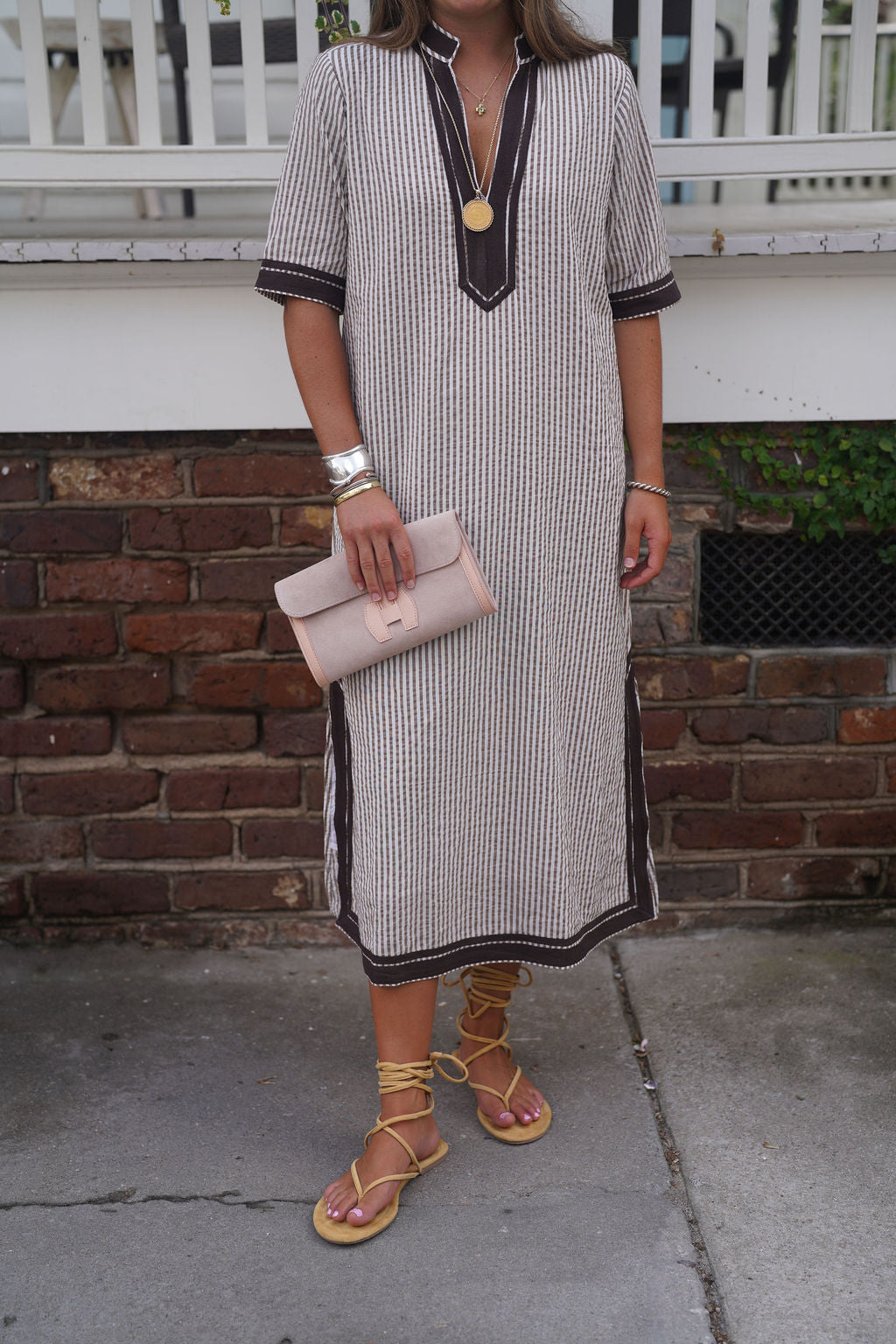 Linann Midi Dress Short Sleeve Brown Seersucker with Brown Trim