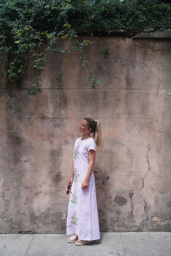 Anne Maxi Dress Pink Seersucker Embroidered Milos