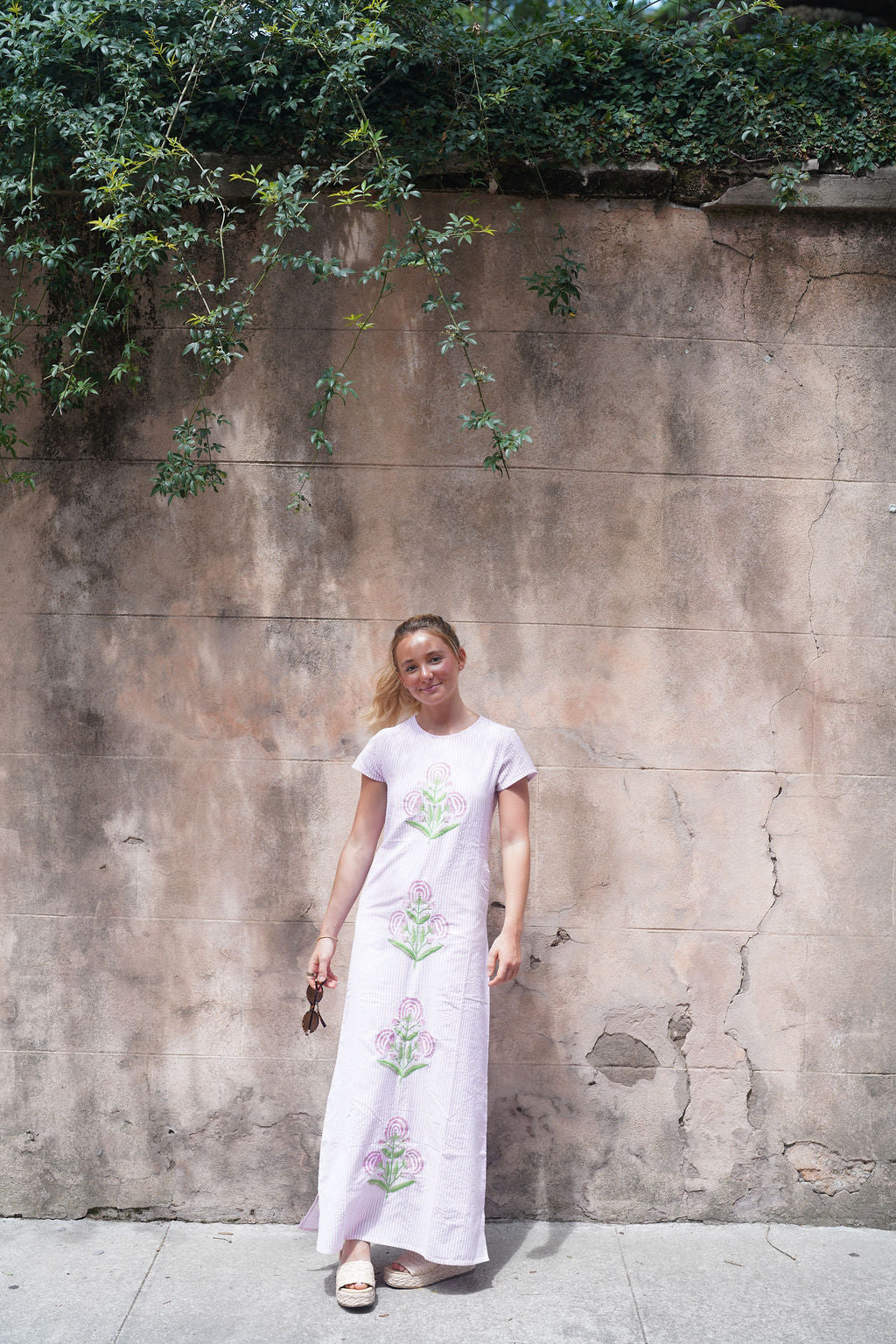 Anne Maxi Dress Pink Seersucker Embroidered Milos