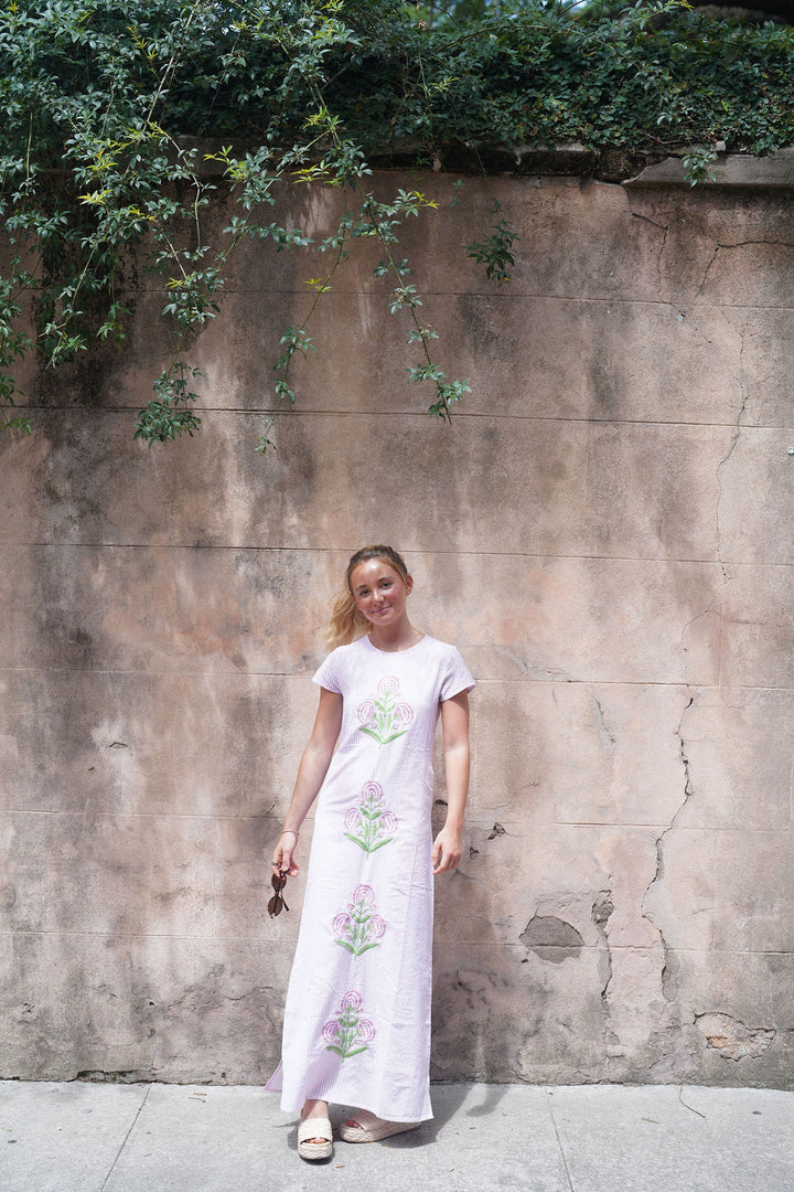 Anne Maxi Dress Pink Seersucker Embroidered Milos