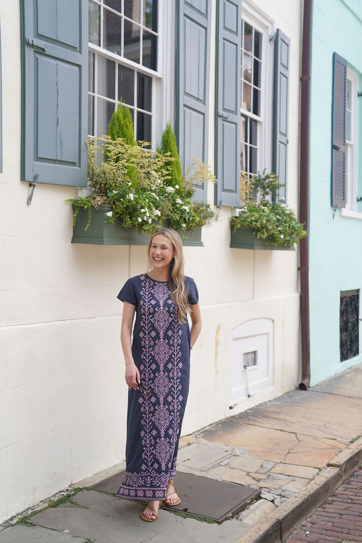 Anne Maxi Dress Navy with Pink Bohemian Cross-Stich Embroidery
