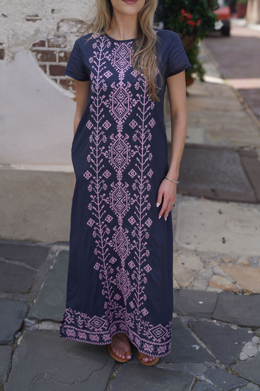 Anne Maxi Dress Navy with Pink Bohemian Cross-Stich Embroidery
