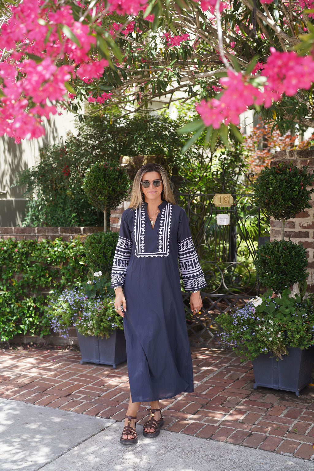 Eva Maxi Dress Navy with White Embroidery
