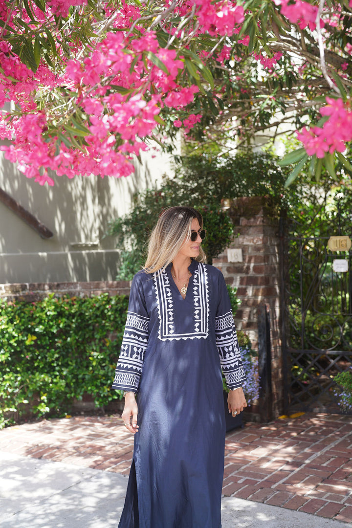 Eva Maxi Dress Navy with White Embroidery