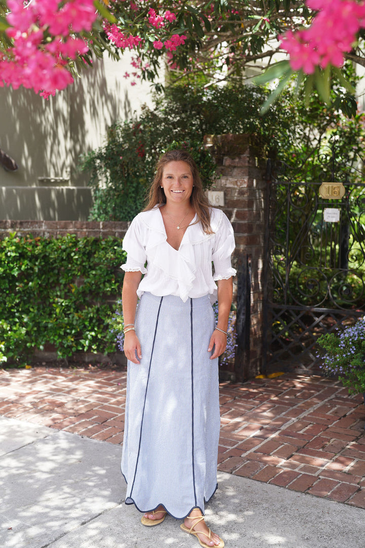 Hanley Super Maxi Skirt Blue Seersucker with Navy Piping