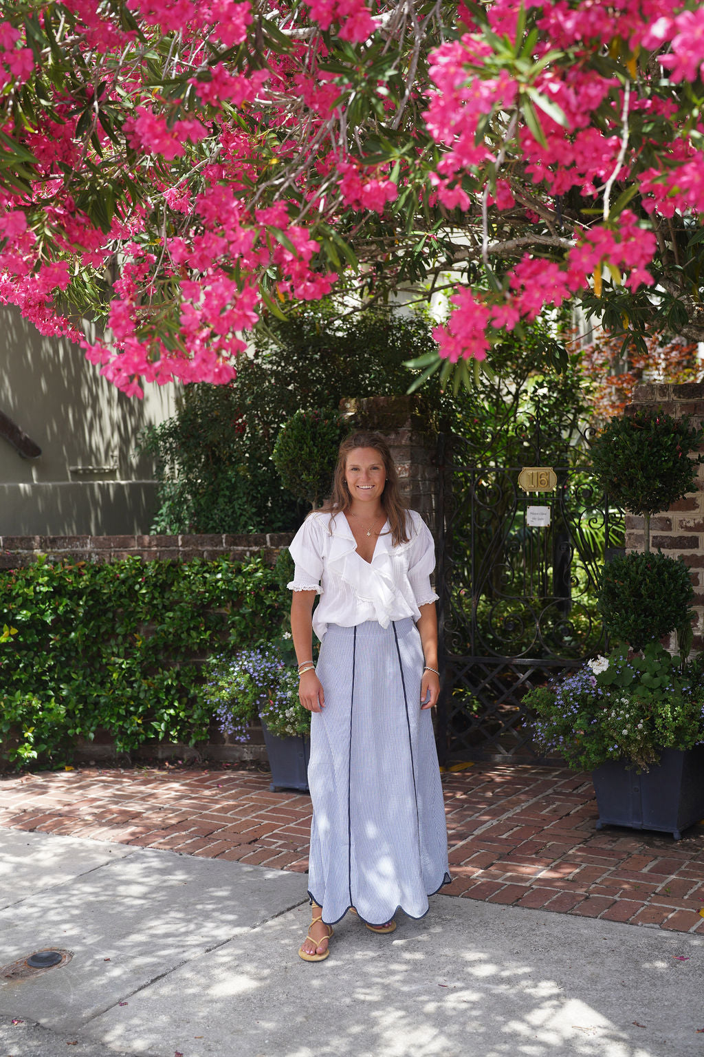 Hanley Super Maxi Skirt Blue Seersucker with Navy Piping