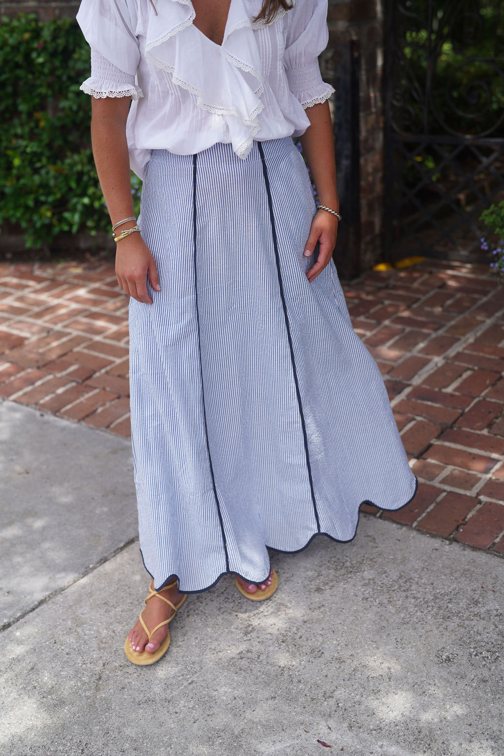 Hanley Super Maxi Skirt Blue Seersucker with Navy Piping