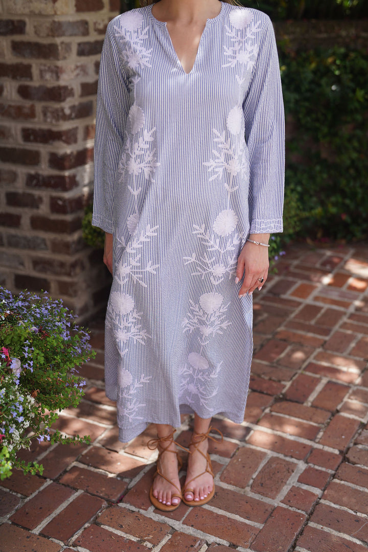 Molly Maxi Dress Embroidered Cloud Blue Seersucker