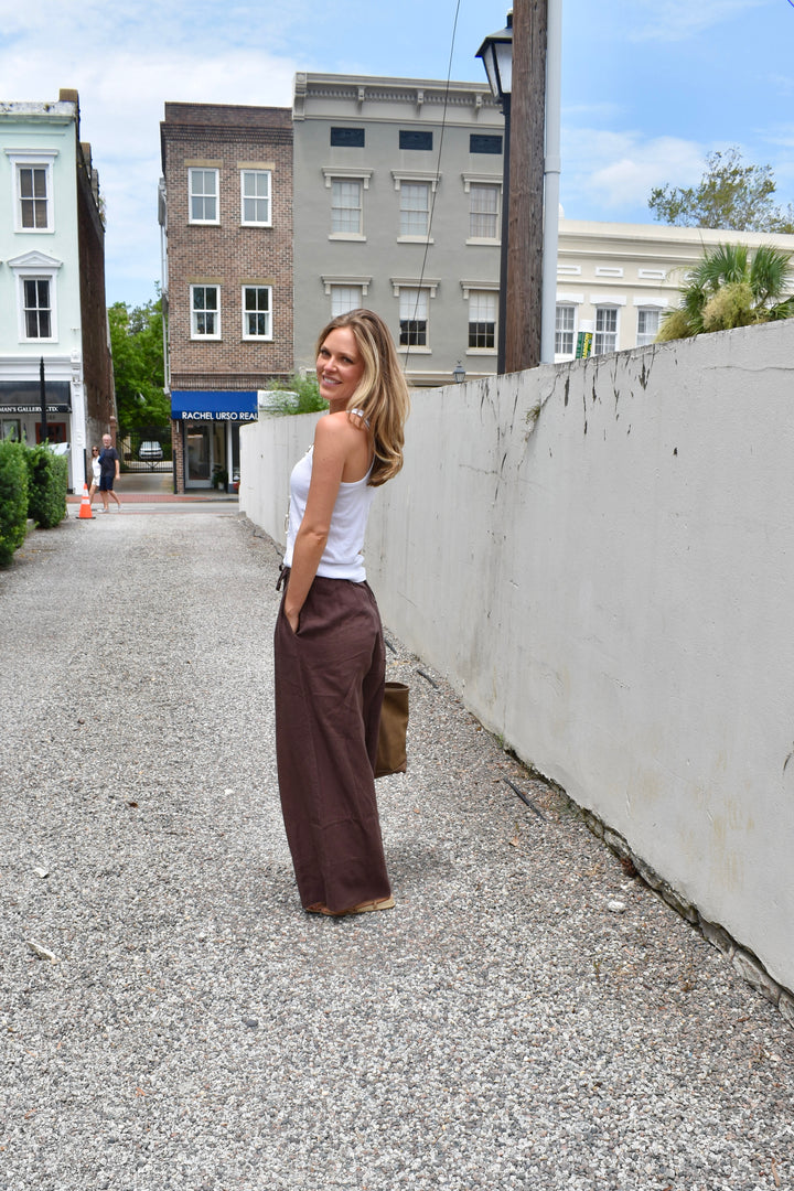 Linen Palazzo Pants Chocolate Brown
