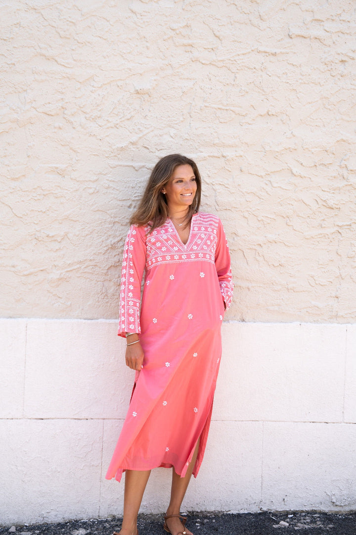 Molly Maxi Dress Hand Embroidered Coral/White
