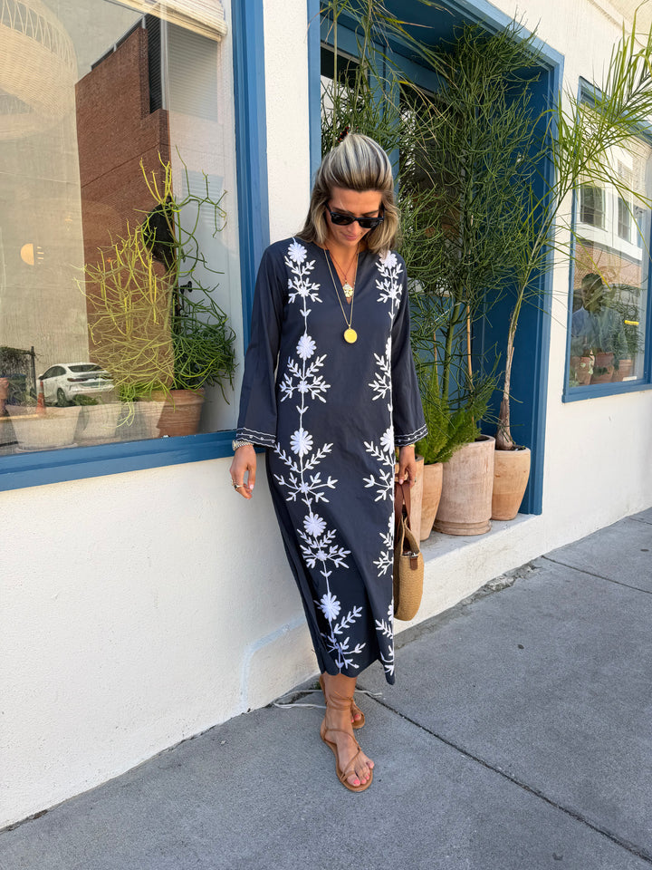 Molly Maxi Dress Embroidered Navy with White