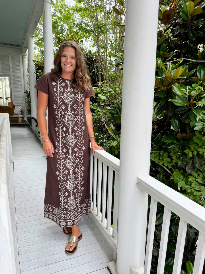 Anne Maxi Dress Brown with White Bohemian Cross-Stich Embroidery