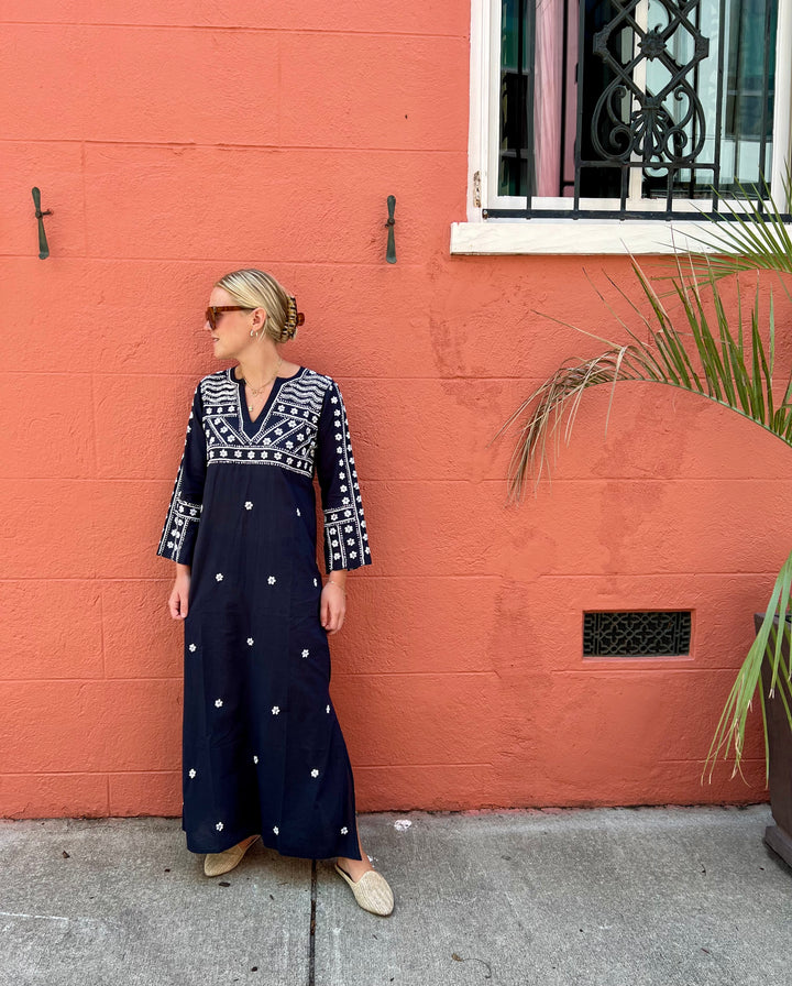 Molly Maxi Dress Hand Embroidered Navy/White