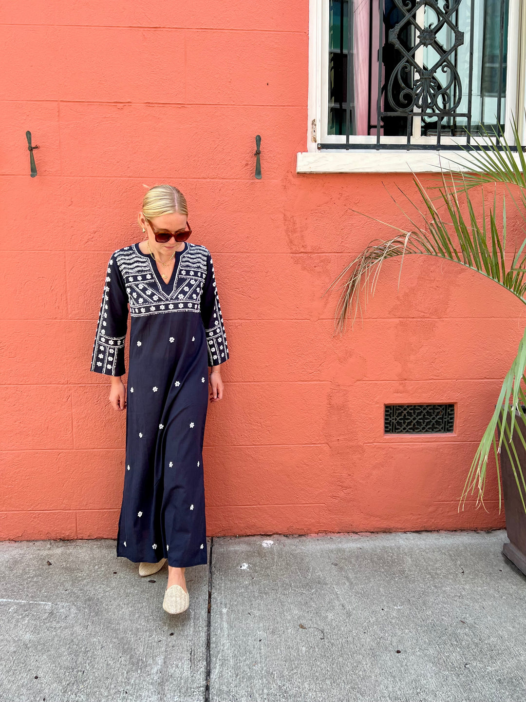 Molly Maxi Dress Hand Embroidered Navy/White