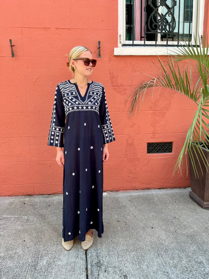 Molly Maxi Dress Hand Embroidered Navy/White