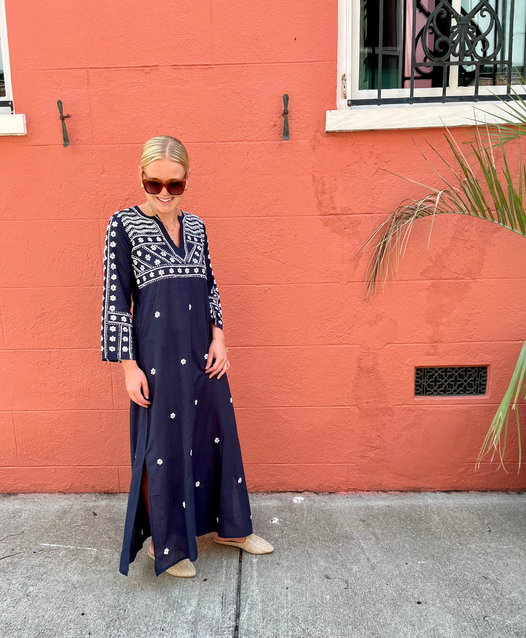 Molly Maxi Dress Hand Embroidered Navy/White