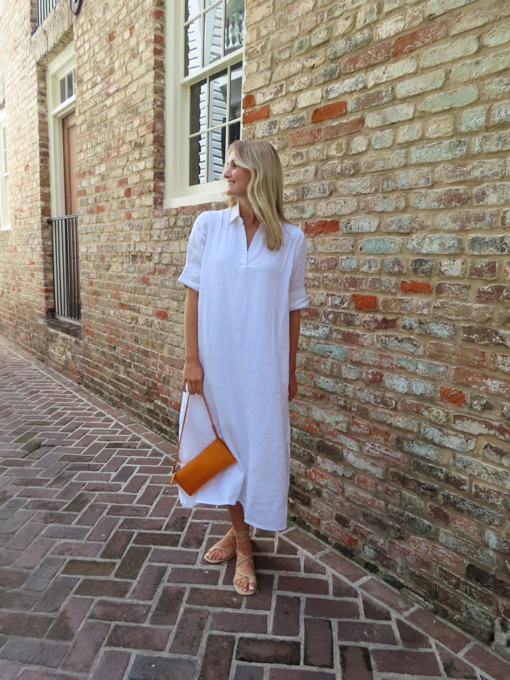 Darren Midi Dress Short Sleeve White Linen