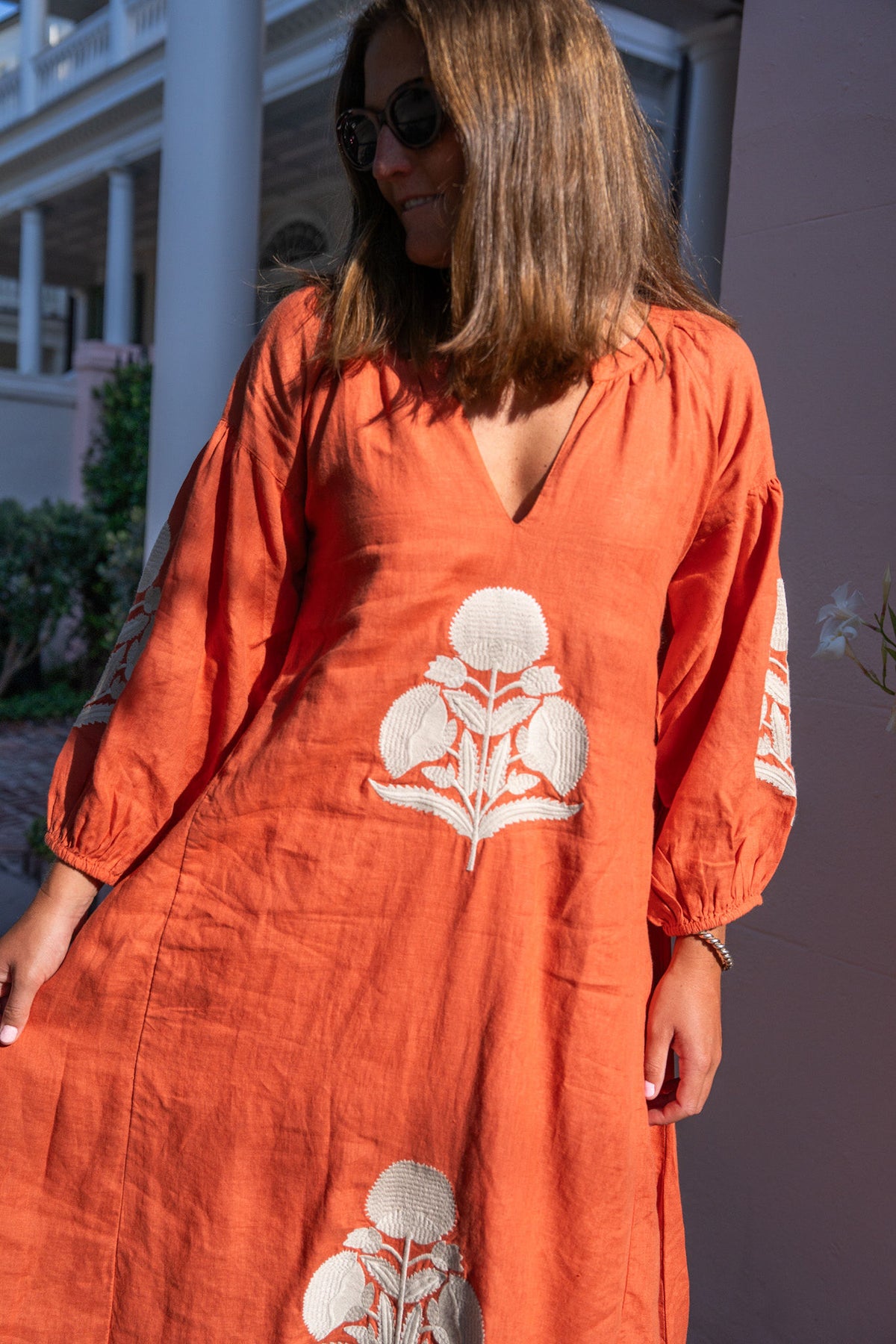 Sullivan Midi Dress Burnt Orange/Sand Milos Linen Embroidery Sullivan Midi Dress Burnt Orange/Sand Milos Linen Embroidery